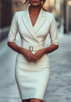 Women's Chic Lace-Up Solid Color Turndown Collar Slim Waist Dress