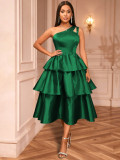 Women's One-Shoulder Cut-Out Solid Color Ruffle Slim Waist Tiered A-Line Tie-Waist Party Gown