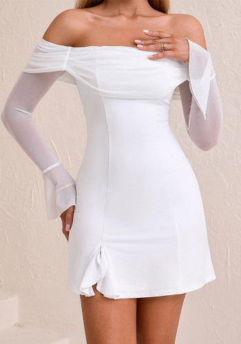 Women's Fall/Winter Off-Shoulder Mesh Sexy Low Back Bell Sleeve Slit Dress