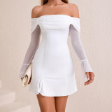 Women's Fall/Winter Off-Shoulder Mesh Sexy Low Back Bell Sleeve Slit Dress