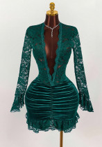 Women's Fashion Chic Long Sleeve Lace Patchwork Solid Color Ruffle Deep V Bodycon Mini Dress