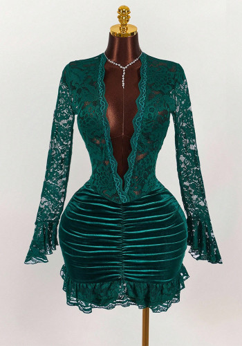 Women's Fashion Chic Long Sleeve Lace Patchwork Solid Color Ruffle Deep V Bodycon Mini Dress