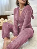 Women's Fall/Winter Coral Fleece V-Neck Hooded Long Sleeve Loose Casual Jumpsuit Pajamas