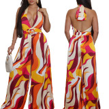 Women's Printed Casual Sleeveless Low Back Sexy Lace-Up Deep V Wide-Leg Jumpsuit