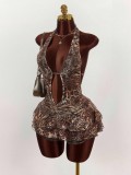 Women's Fashion Leopard Print Sexy Halter Neck Low Back Lace-Up Tiered Mini Dress