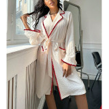 Women's Fall/Winter Tie-Waist Color Block Turndown Collar Long Sleeve Robe