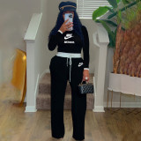 Women's Casual Street Ribbed Contrast Round Neck Long Sleeve Pants Set