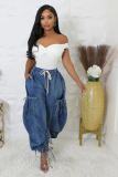 Women's Casual Elastic Drawstring Tie-Hem Bow Wide Leg Straight Denim Pants