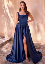 Women's Solid Color Strappy Formal Party Slit Long Gown Women's Solid Color Strappy Formal Party Slit Long Gown