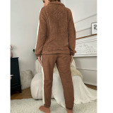 Women's Fall/Winter Coral Fleece Stand Collar Zip Casual Long Sleeve Pajama Set