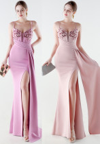 Women's Formal Luxury Beaded Solid Color Slim Waist Strappy High-Slit Gown