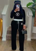 Women's Casual Street Ribbed Contrast Round Neck Long Sleeve Pants Set