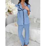 Women's Fall Turndown Collar Color Block Short Sleeve Pajama Set