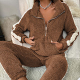 Women's Fall/Winter Coral Fleece Stand Collar Zip Casual Long Sleeve Pajama Set