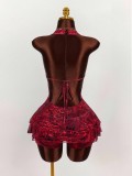 Women's Fashion Leopard Print Sexy Halter Neck Low Back Lace-Up Tiered Mini Dress