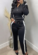 Women's Zippered Patchwork Contrast Sport Two Piece Pants Set Women's Zippered Patchwork Contrast Sport Two Piece Pants Set