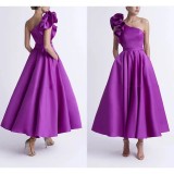 Women's Solid Color Ruffled Slash Shoulder Chic Long Puff Ball Gown