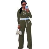 Women's Casual Street Ribbed Contrast Round Neck Long Sleeve Pants Set