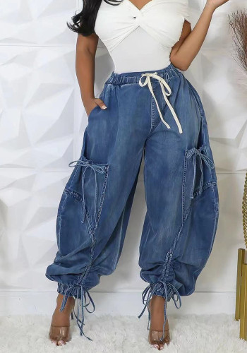 Women's Casual Elastic Drawstring Tie-Hem Bow Wide Leg Straight Denim Pants