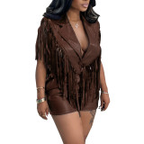 Women's Sexy PU Leather Sleeveless Fringe Vest & Shorts Two-Piece Set