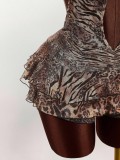 Women's Fashion Leopard Print Sexy Halter Neck Low Back Lace-Up Tiered Mini Dress