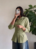 Women's Green Back Tie-Detail Slim Waist Long Sleeve Blouse