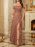Women's Off-Shoulder Ruffle High-Slit Party Gown