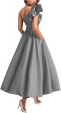 Women's Solid Color Ruffled Slash Shoulder Chic Long Puff Ball Gown