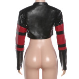 Women's Fall/Winter Slim-Fit Contrast Short Leather Zip Jacket