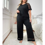 Plus Size Women's Summer V-Neck Patchwork Lace Short Sleeve Pajama Set