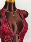 Women's Fashion Leopard Print Sexy Halter Neck Low Back Lace-Up Tiered Mini Dress