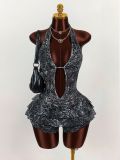 Women's Fashion Leopard Print Sexy Halter Neck Low Back Lace-Up Tiered Mini Dress
