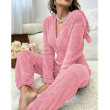 Women's Fall/Winter Coral Fleece V-Neck Hooded Long Sleeve Loose Casual Jumpsuit Pajamas