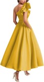 Women's Solid Color Ruffled Slash Shoulder Chic Long Puff Ball Gown