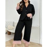 Women's Plus Size Fall/Spring Turndown Collar Lace Trim Knit Pajama Set
