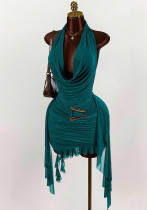 Women's Fashion Solid Color Chic Halter Neck Low Back Sexy Asymmetric Mini Dress