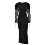 Women's Fashion Mesh Cut-Out Lace Patchwork Slim Fit Slit Dress