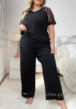Plus Size Women's Summer V-Neck Patchwork Lace Short Sleeve Pajama Set