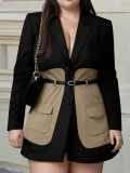 Women's Chic Slim-Fit Contrast Color Patchwork Belted Blazer