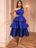 Women's One-Shoulder Cut-Out Solid Color Ruffle Slim Waist Tiered A-Line Tie-Waist Party Gown