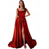 Women's Solid Color Strappy Formal Party Slit Long Gown