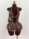 Women's Fashion Leopard Print Sexy Halter Neck Low Back Lace-Up Tiered Mini Dress