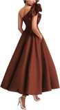 Women's Solid Color Ruffled Slash Shoulder Chic Long Puff Ball Gown