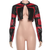 Women's Fall/Winter Slim-Fit Contrast Short Leather Zip Jacket