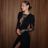 Women's Fashion Mesh Cut-Out Lace Patchwork Slim Fit Slit Dress