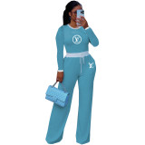 Women's Casual Street Ribbed Contrast Round Neck Long Sleeve Pants Set