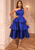 Women's One-Shoulder Cut-Out Solid Color Ruffle Slim Waist Tiered A-Line Tie-Waist Party Gown