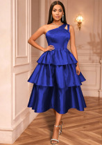Women's One-Shoulder Cut-Out Solid Color Ruffle Slim Waist Tiered A-Line Tie-Waist Party Gown