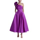 Women's Solid Color Ruffled Slash Shoulder Chic Long Puff Ball Gown
