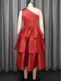 Women's One-Shoulder Cut-Out Solid Color Ruffle Slim Waist Tiered A-Line Tie-Waist Party Gown